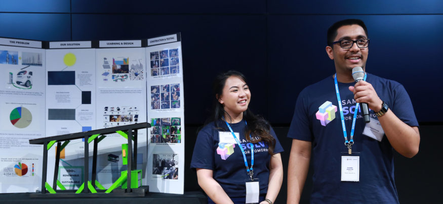 Shaneel Narayan and Jashene Tongco of Mission Valley ROP/James Logan High School of Fremont, CA, present solar powered charging station for electric vehicles at the Samsung Solve for Tomorrow Finalist Pitch Event on Tuesday, March 15, 2016 in New York.