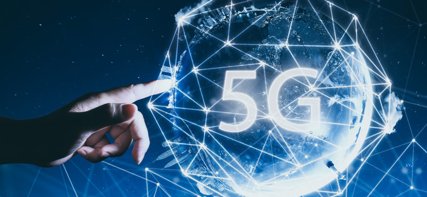 Hand touching global 5G network.