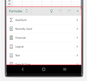 Formula menu in Excel on Note10