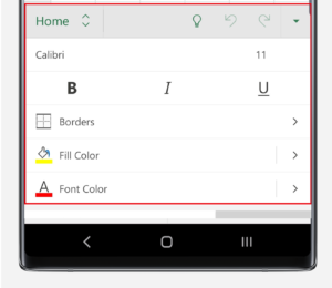 Home menu in Excel on Note10