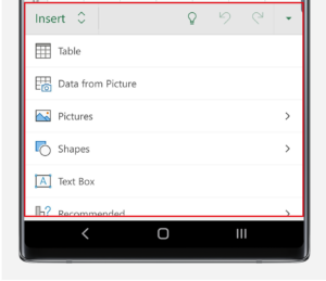 Insert menu in Excel on Note10