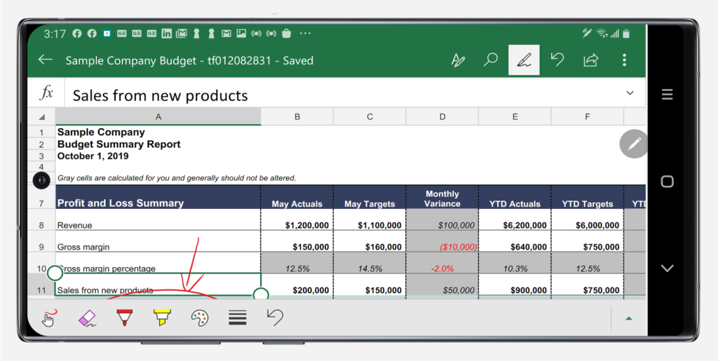 Excel in landscape mode on Note10