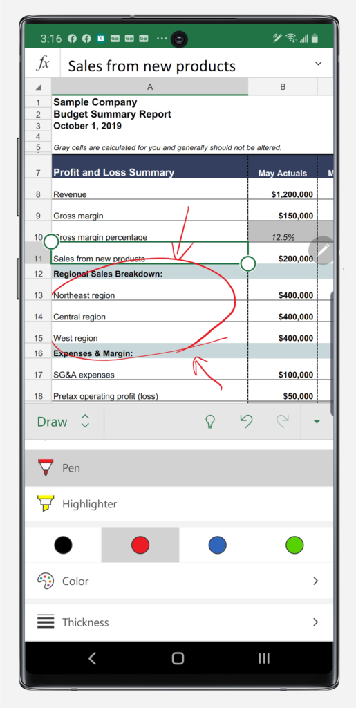 Drawing in Excel on Note10