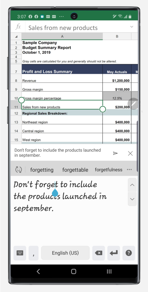 Handwritten comment in Excel on the Note10