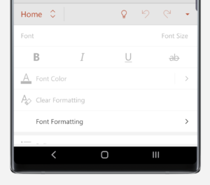 PowerPoint Home menu on Note10