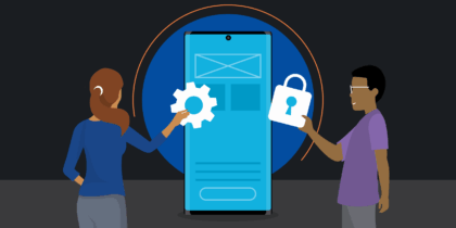 Vector image of two people and a Note10 in a security context