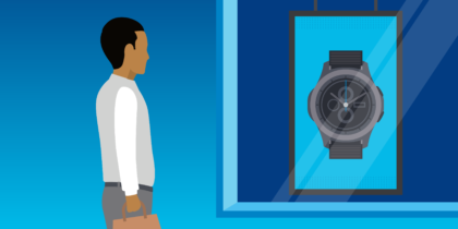 A digital illustration of a man looking at a store screen advertising a watch