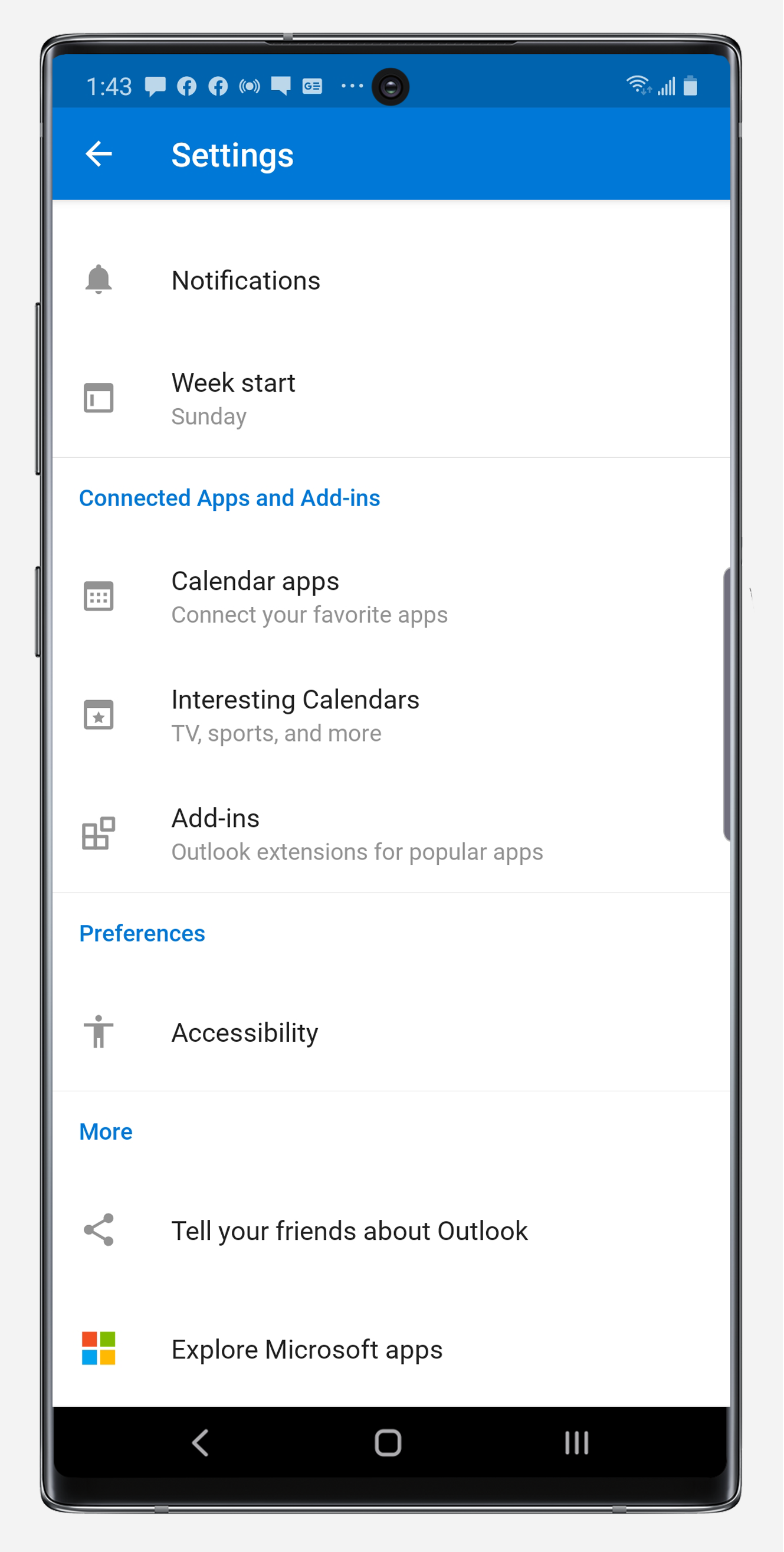 Outlook settings panel on Note10