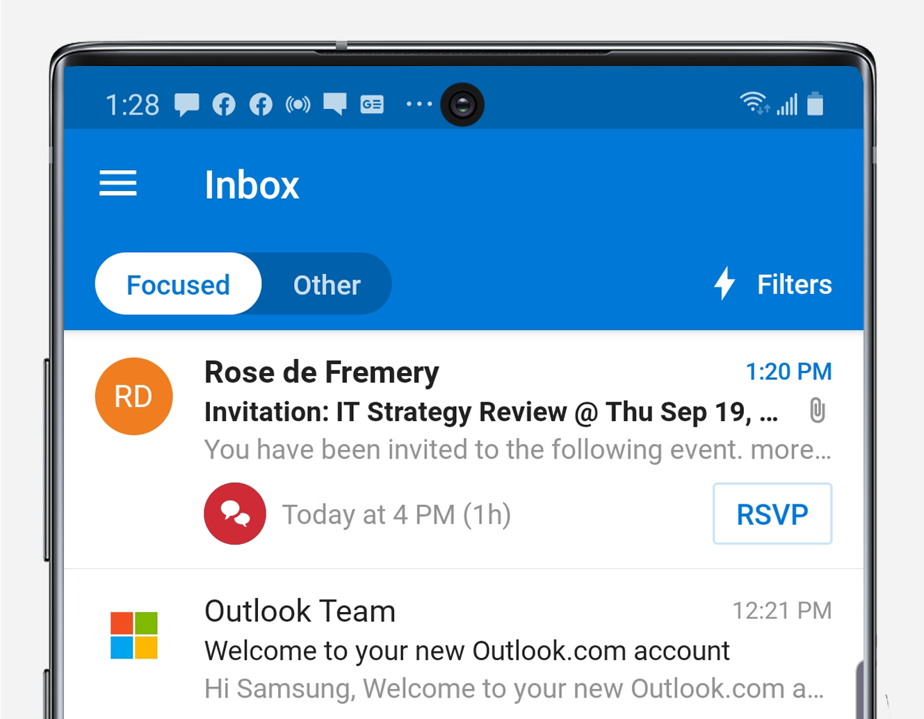 Outlook focused inbox on Note10