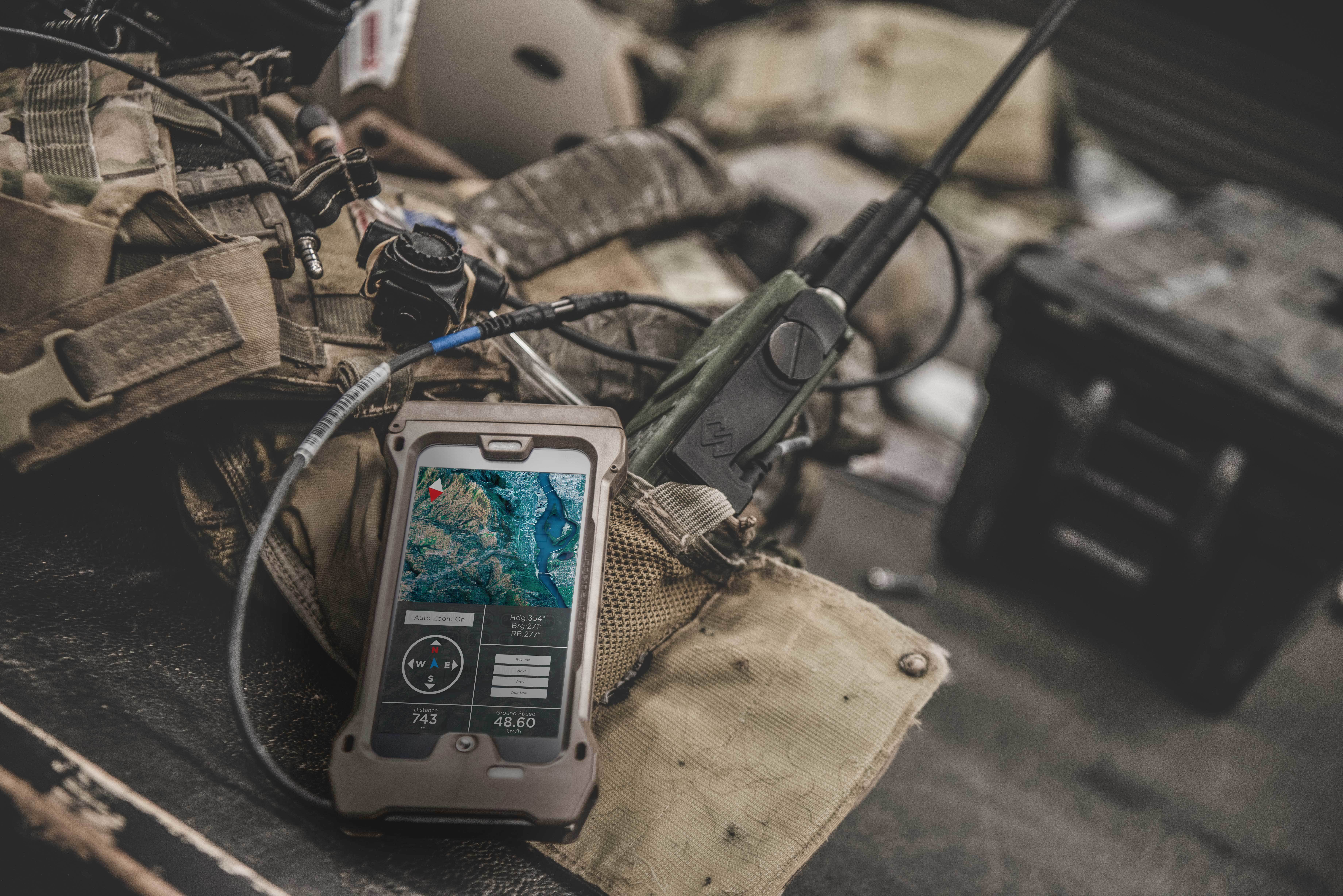 A Samsung Galaxy Tactical Edition strapped to a U.S. soldier's gear