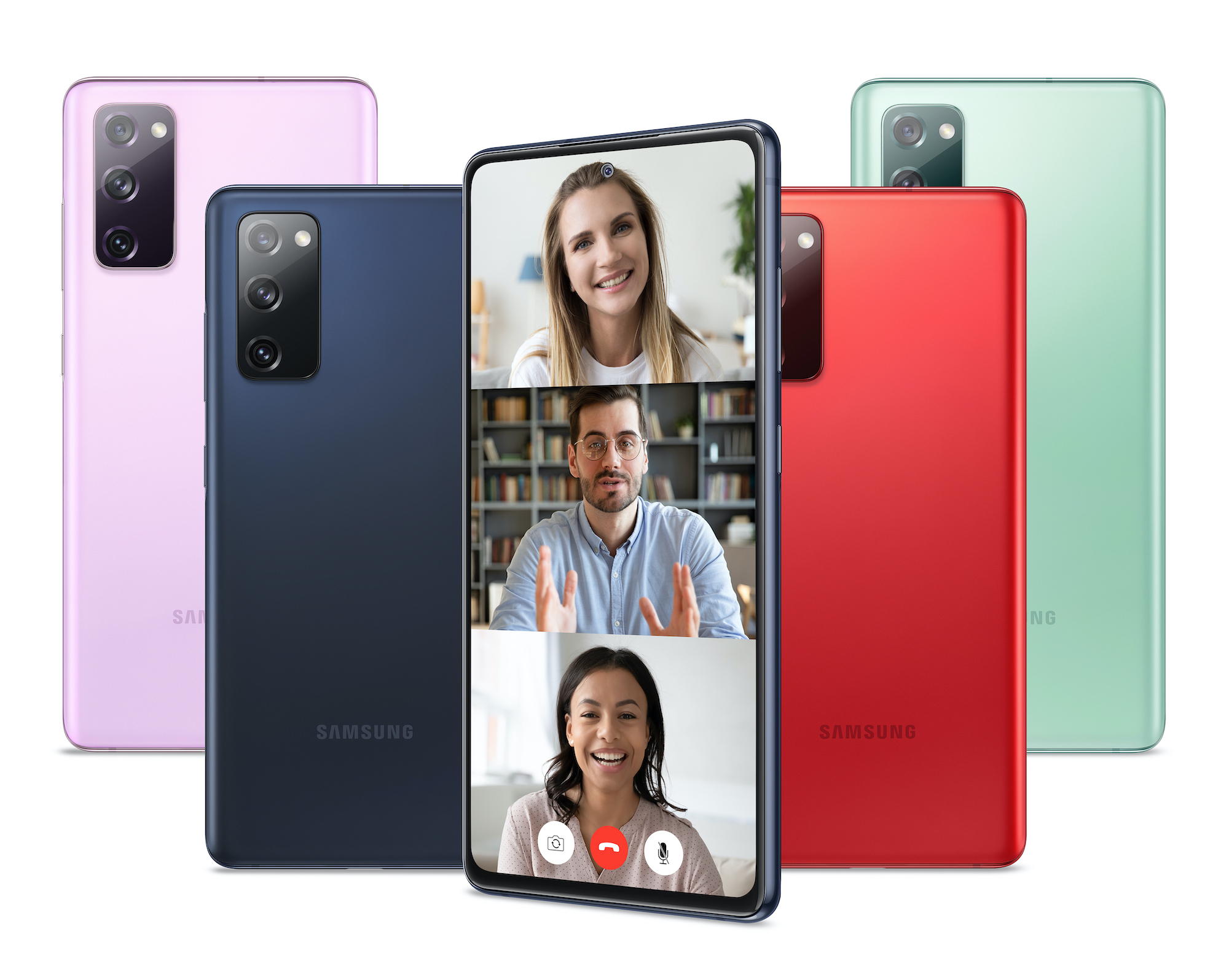 Galaxy S20 FE in four colors with three-way videoconference on screen