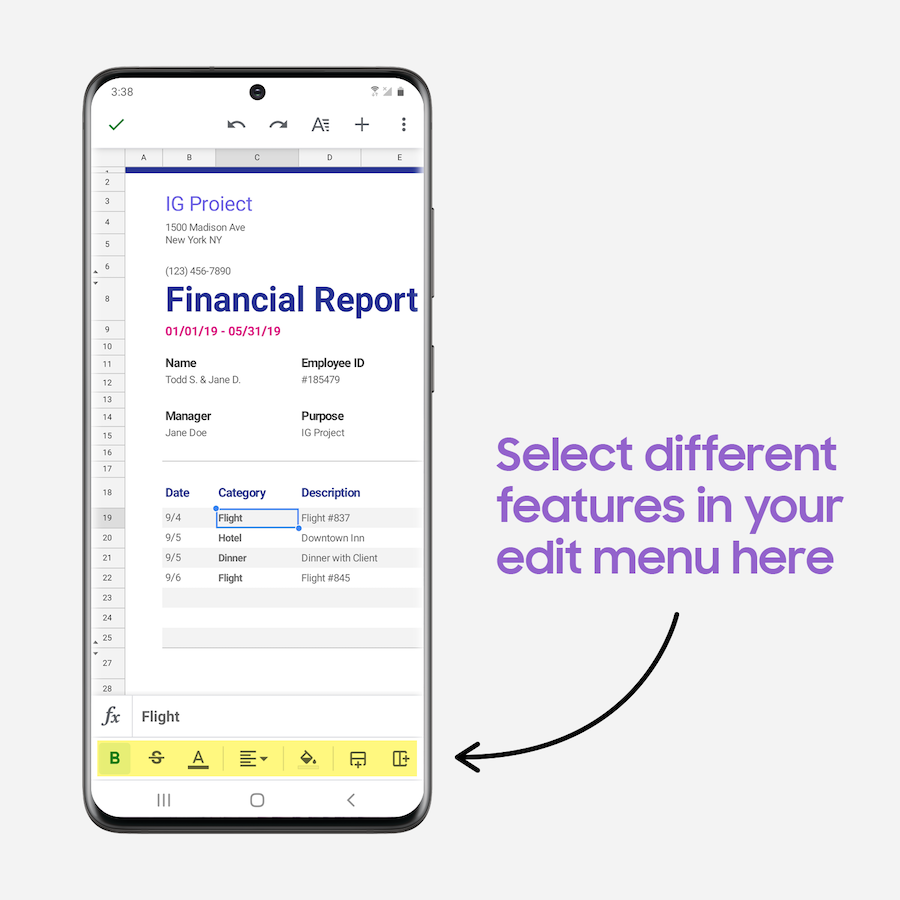 A screenshot of the Google Sheets edit menu on a Galaxy smartphone