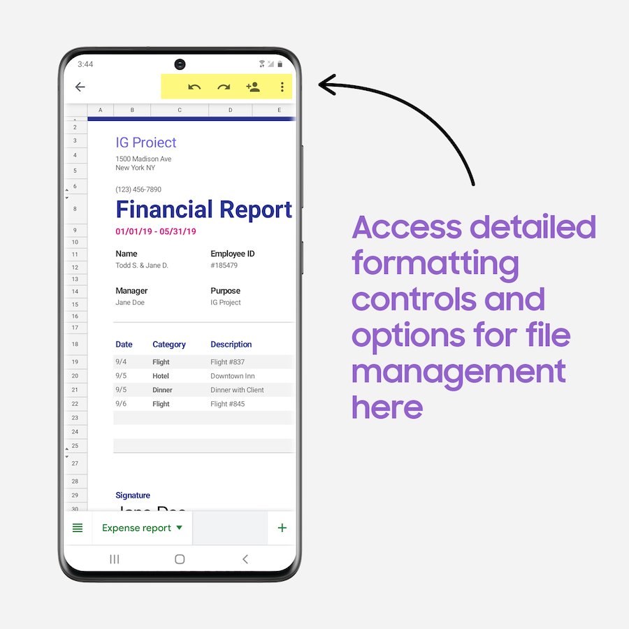 A screenshot of Google Sheets formatting controls on a Galaxy smartphone