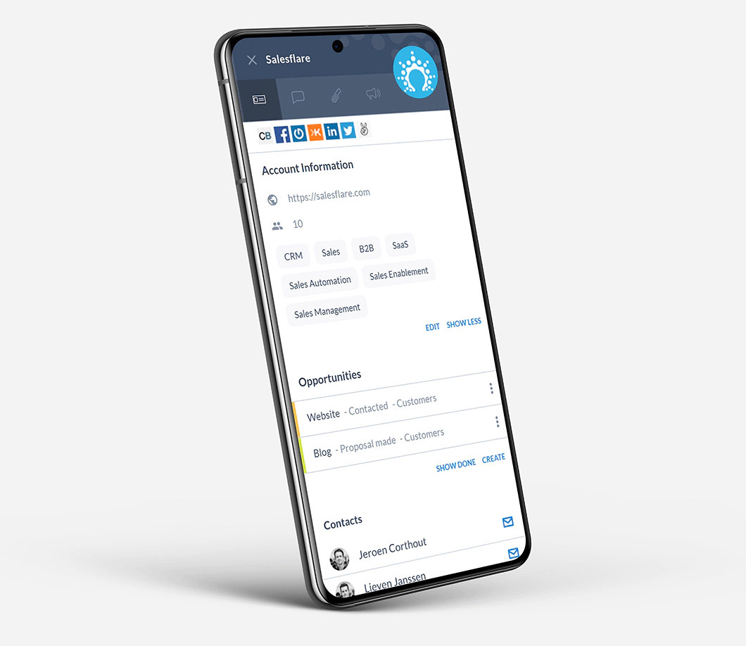 Salesflare app on Samsung Galaxy smartphone