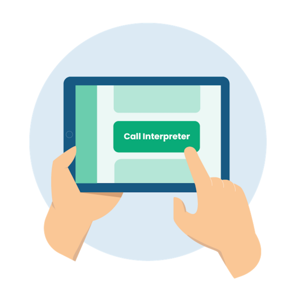 Digital artwork of two hands using a digital tablet for call interpreting services.