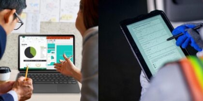 Split screen showing two Samsung Galaxy tablets — one running DeX, another in rugged environment