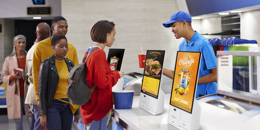 Self-service kiosk at stadium concessions stand.