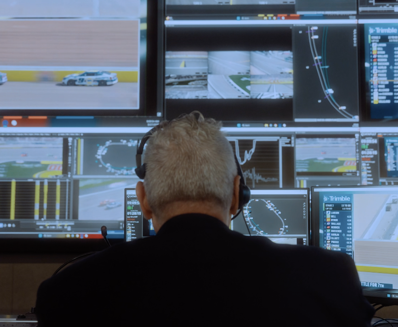 Over-the-shoulder view of a NASCAR race official wearing a headset, looking at smaller desktop monitors and a large background display filled with live stock car race feeds, track maps, and telemetry data.
