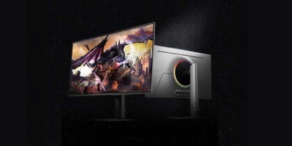 A promotional image showcasing the front and back views of a sleek, silver Samsung Odyssey OLED G8 gaming monitor against a dark, textured geometric background. On the left, the front of the monitor displays a vibrant, action-packed video game scene featuring a character facing off against a massive, flying dragon amidst ruined castles. On the right, the back of the monitor is shown, highlighting its metallic finish, slim profile, and a glowing, circular RGB LED light ring surrounding the stand mount.
